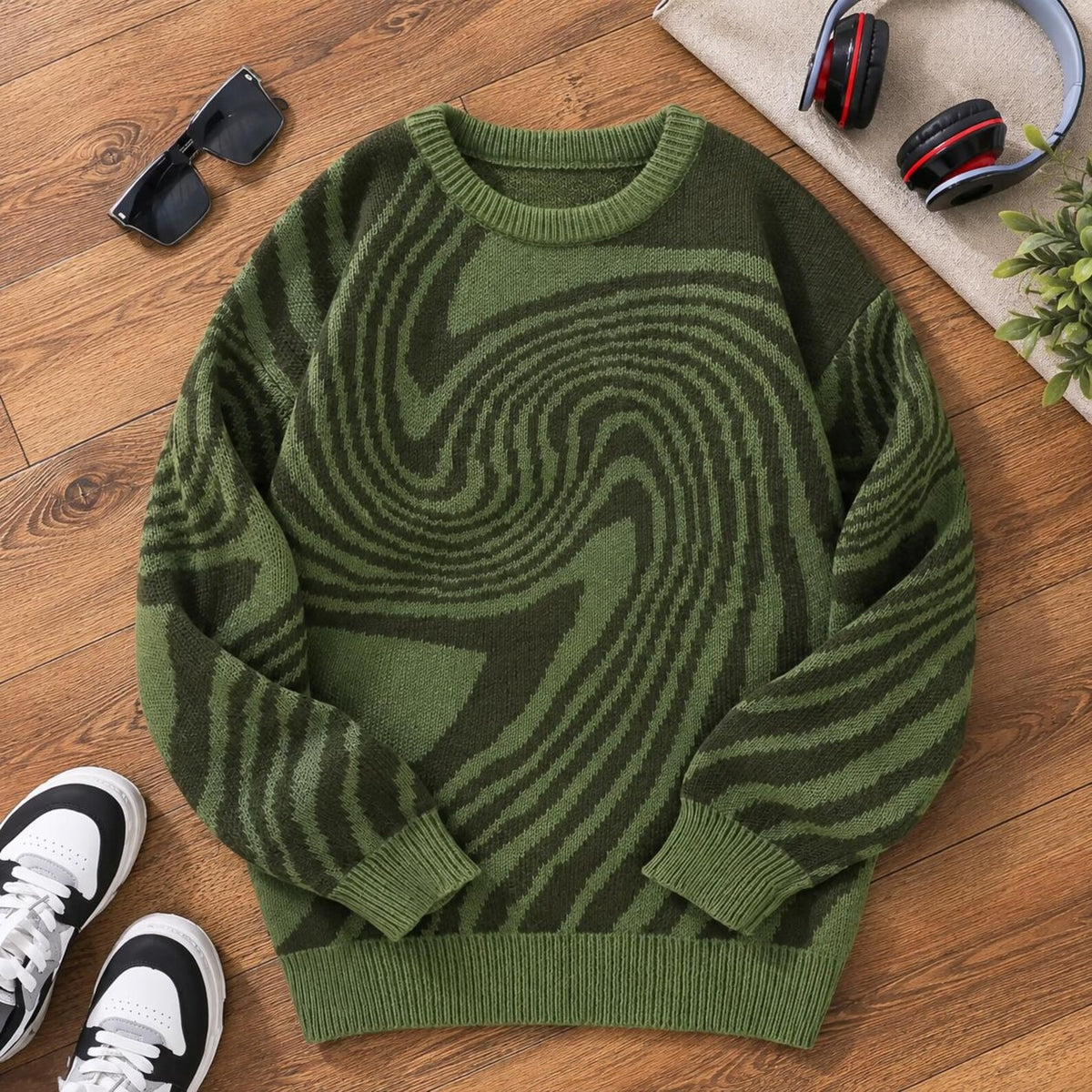 Men's Maze Jacquard Sweater Crew Neck Long Sleeve Pullover