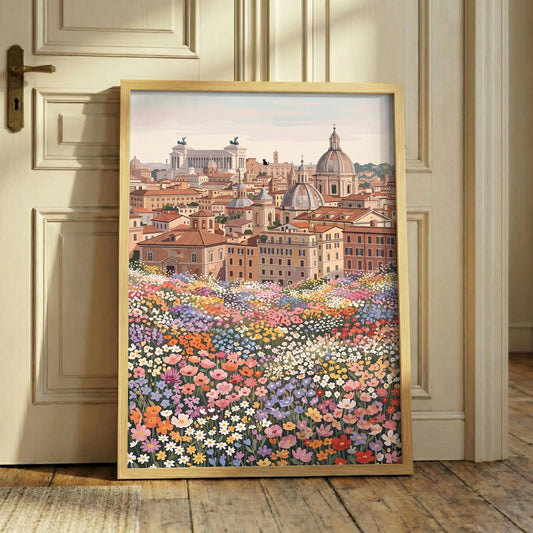 Rome Skyline Flower Print, Italy Cityscape Floral Wall Art