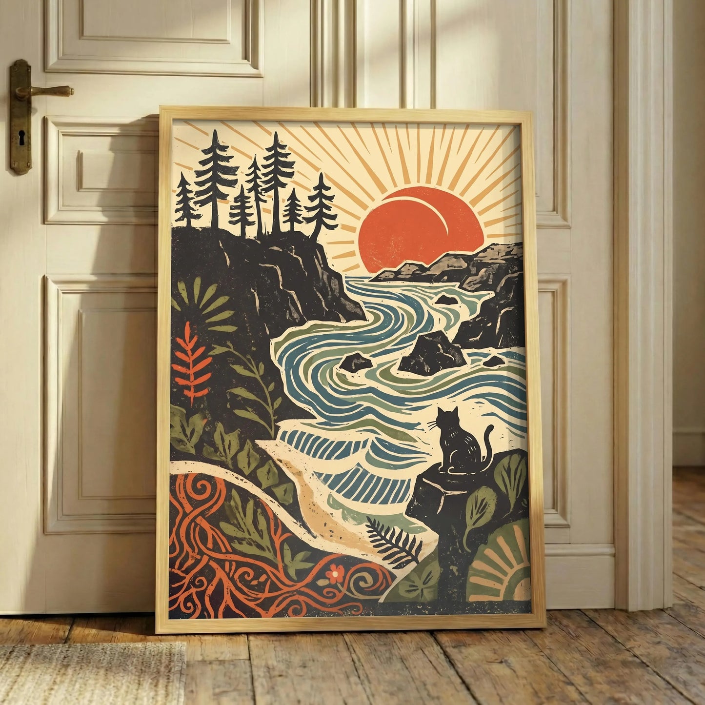 Retro Cat Landscape Print, Boho Coastal Wall Art