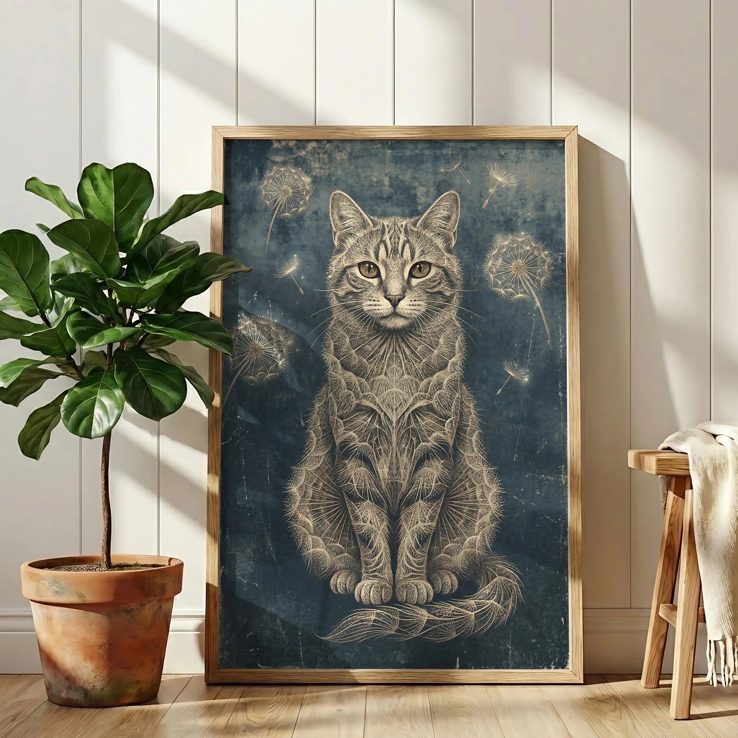 Vintage Dandelion Cat Print, Dark Academia Botanical Wall Art