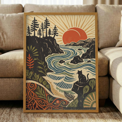 Retro Cat Landscape Print, Boho Coastal Wall Art