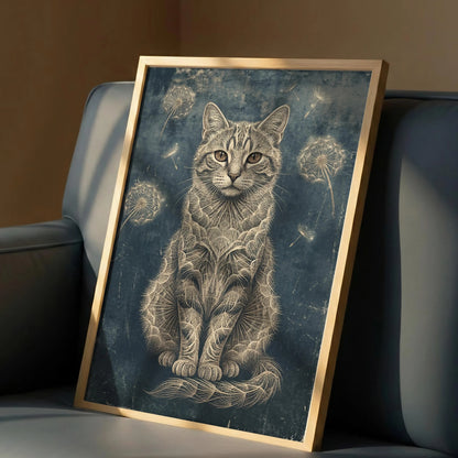 Vintage Dandelion Cat Print, Dark Academia Botanical Wall Art