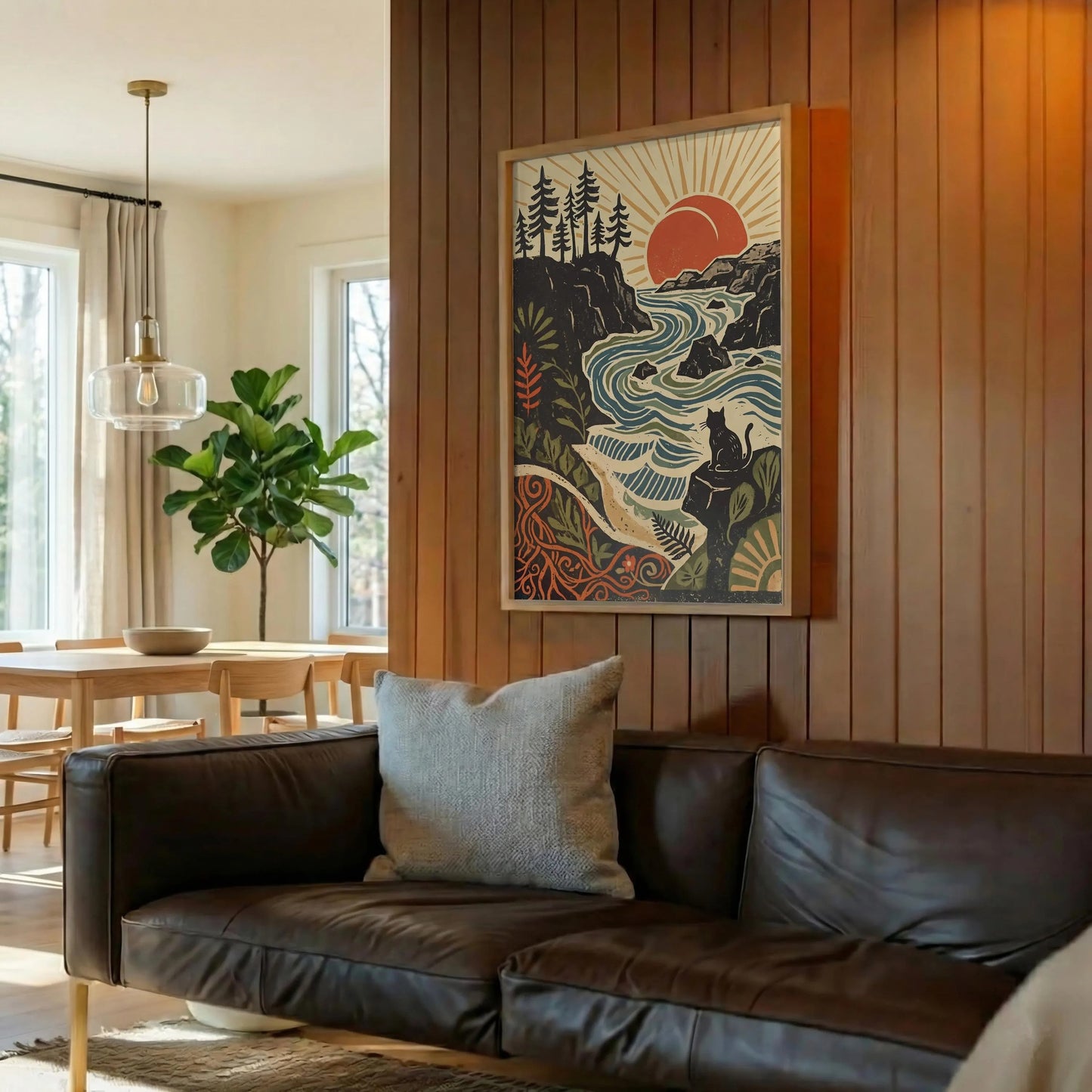 Retro Cat Landscape Print, Boho Coastal Wall Art