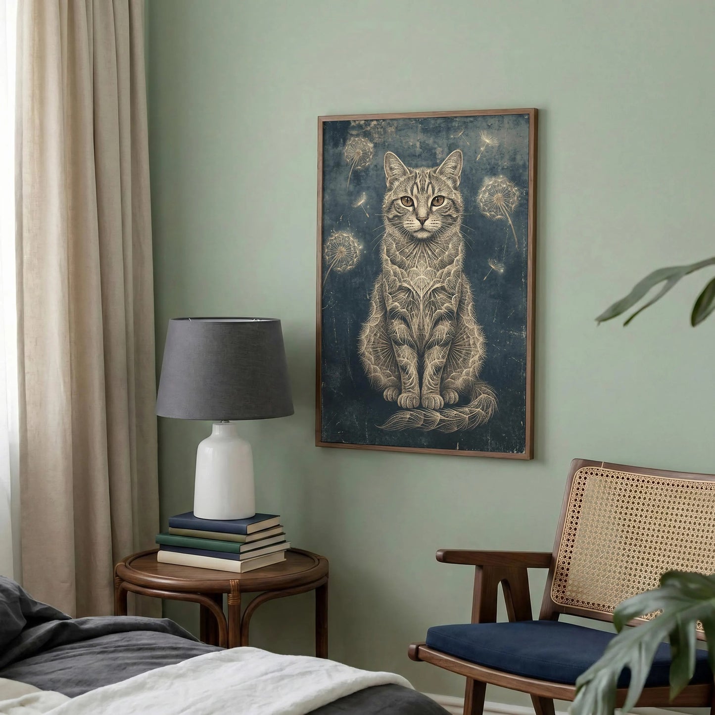 Vintage Dandelion Cat Print, Dark Academia Botanical Wall Art