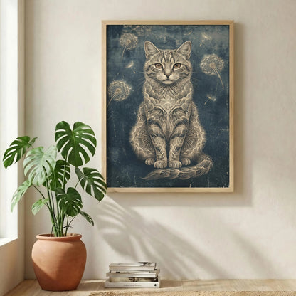 Vintage Dandelion Cat Print, Dark Academia Botanical Wall Art