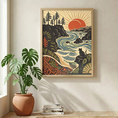 Retro Cat Landscape Print, Boho Coastal Wall Art