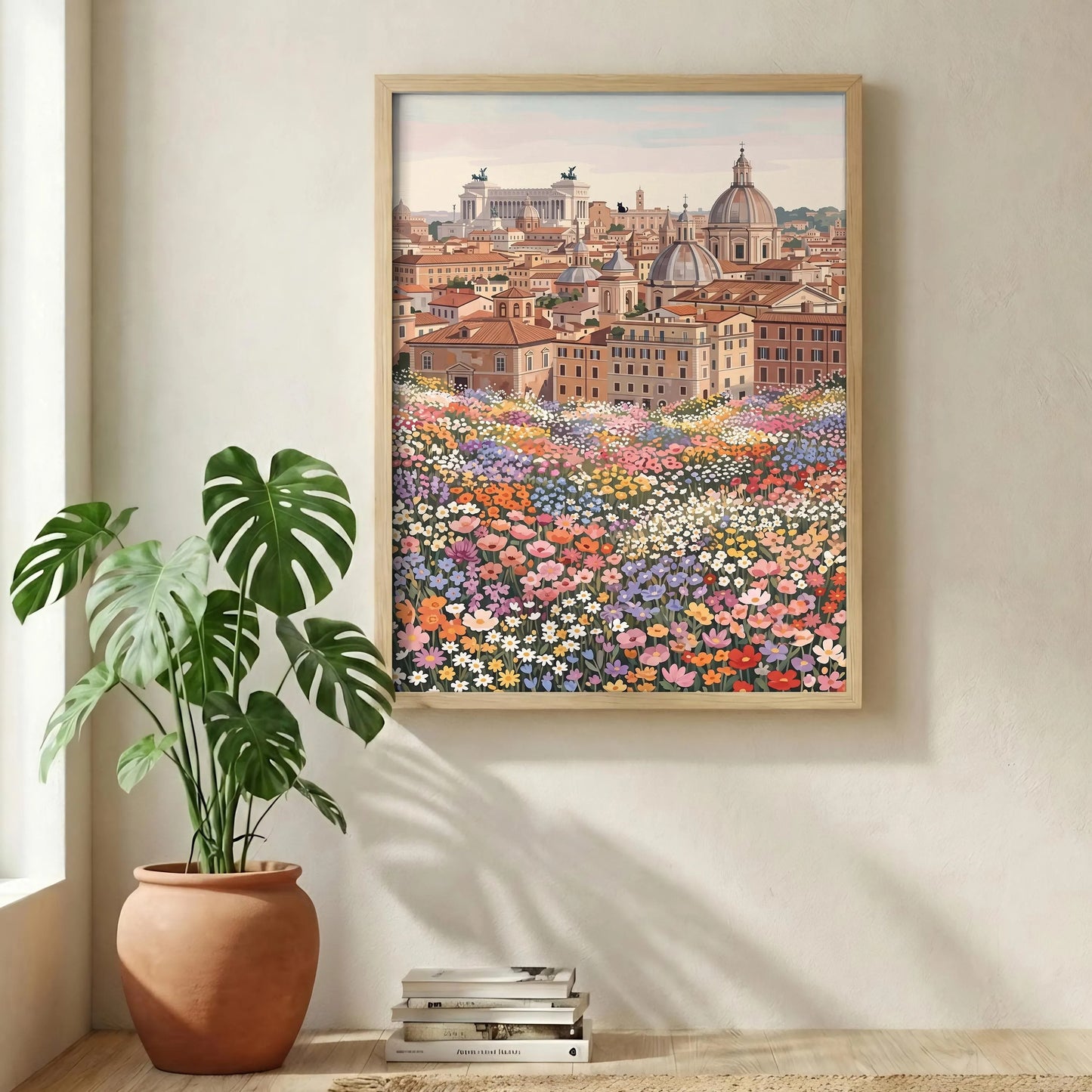 Rome Skyline Flower Print, Italy Cityscape Floral Wall Art