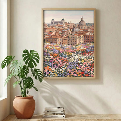 Rome Skyline Flower Print, Italy Cityscape Floral Wall Art