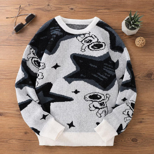 Men's Astronaut Jacquard Sweater Star Pattern Crew Neck Pullover