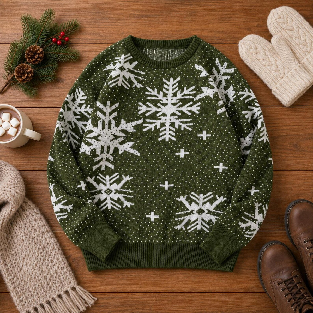 Men's Snowflake Sweater Crew Neck Long Sleeve Winter Pullover