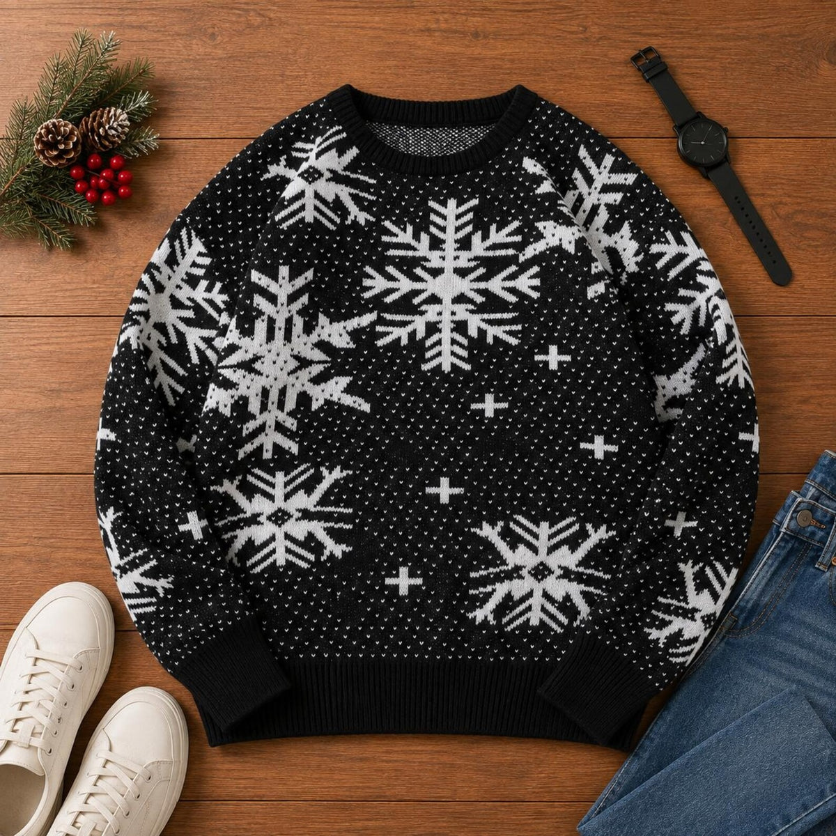 Men's Snowflake Sweater Crew Neck Long Sleeve Winter Pullover