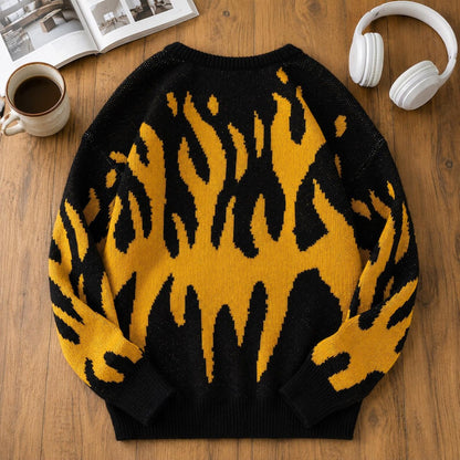 Men's Flame Pattern Sweater Crew Neck Long Sleeve Pullover