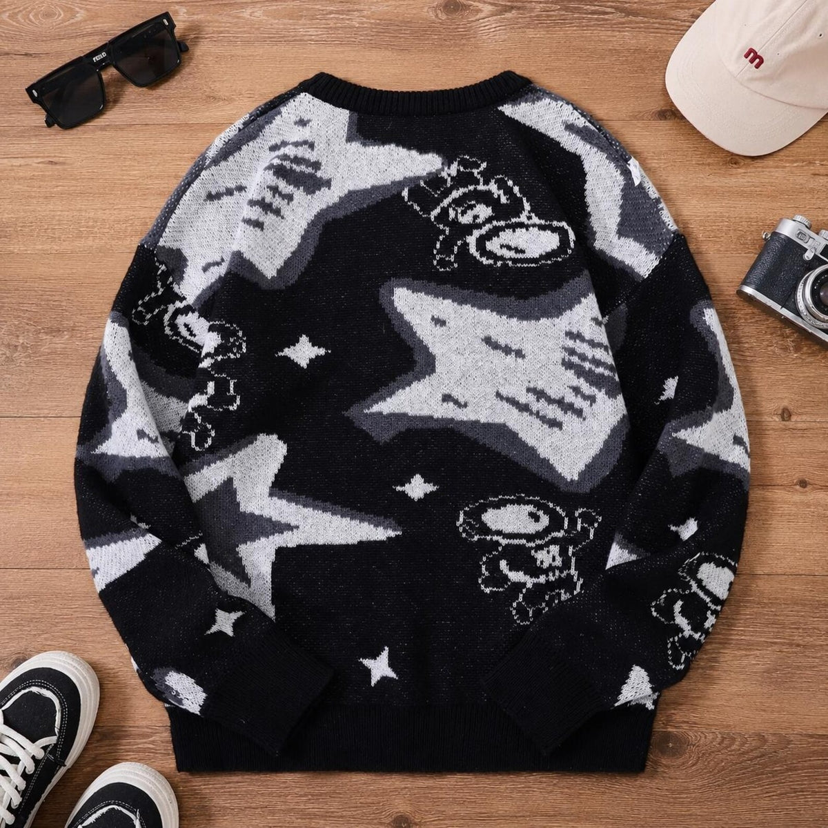 Men's Astronaut Jacquard Sweater Star Pattern Crew Neck Pullover