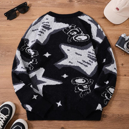 Men's Astronaut Jacquard Sweater Star Pattern Crew Neck Pullover
