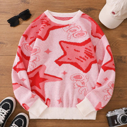Men's Astronaut Jacquard Sweater Star Pattern Crew Neck Pullover