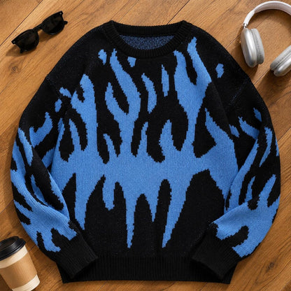 Men's Flame Pattern Sweater Crew Neck Long Sleeve Pullover