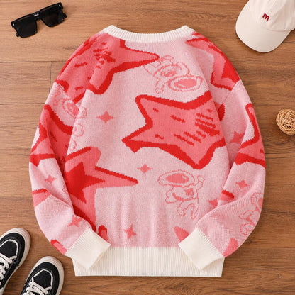Men's Astronaut Jacquard Sweater Star Pattern Crew Neck Pullover