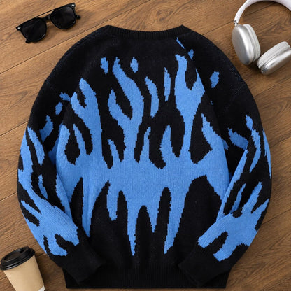 Men's Flame Pattern Sweater Crew Neck Long Sleeve Pullover