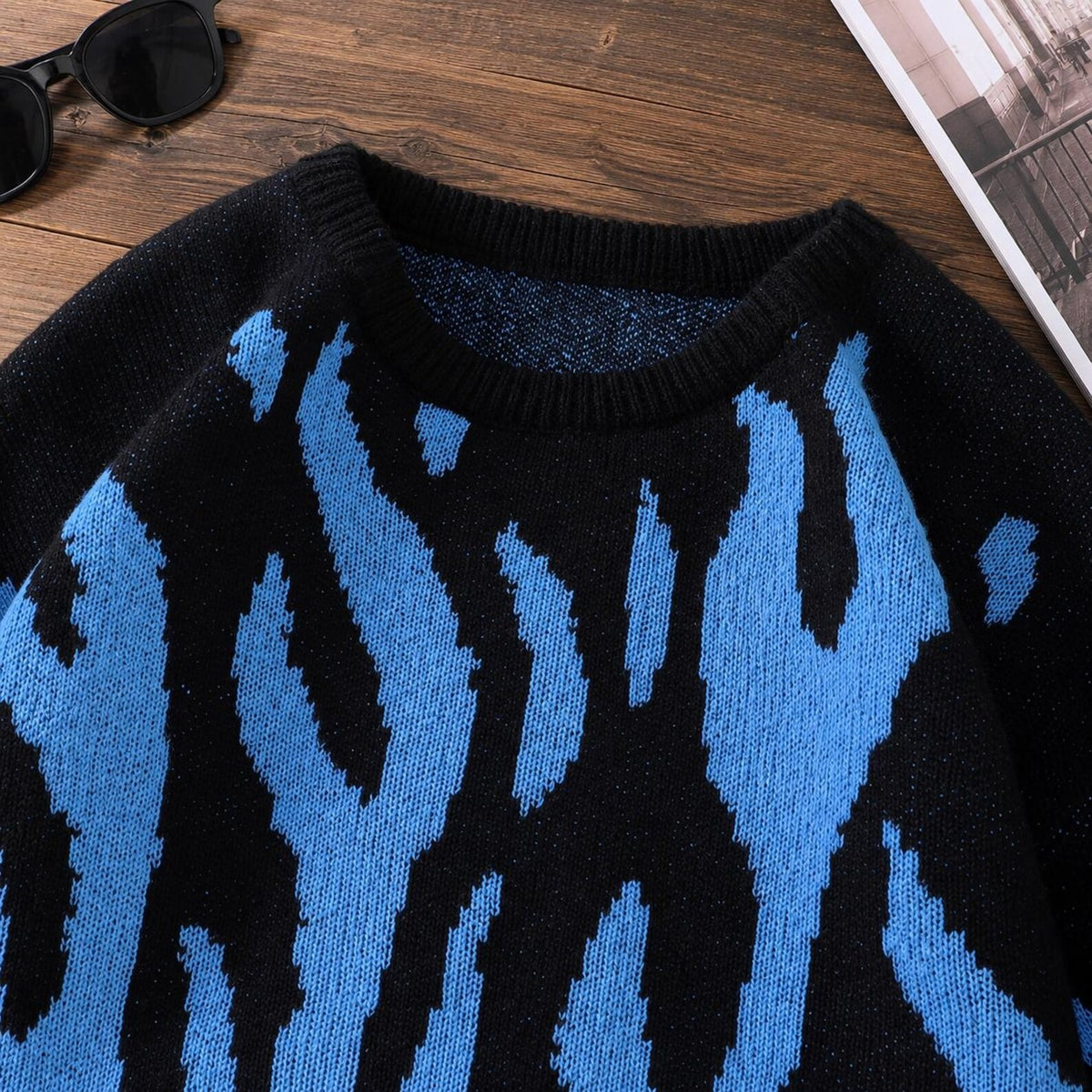 Men's Flame Pattern Sweater Crew Neck Long Sleeve Pullover