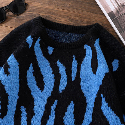 Men's Flame Pattern Sweater Crew Neck Long Sleeve Pullover