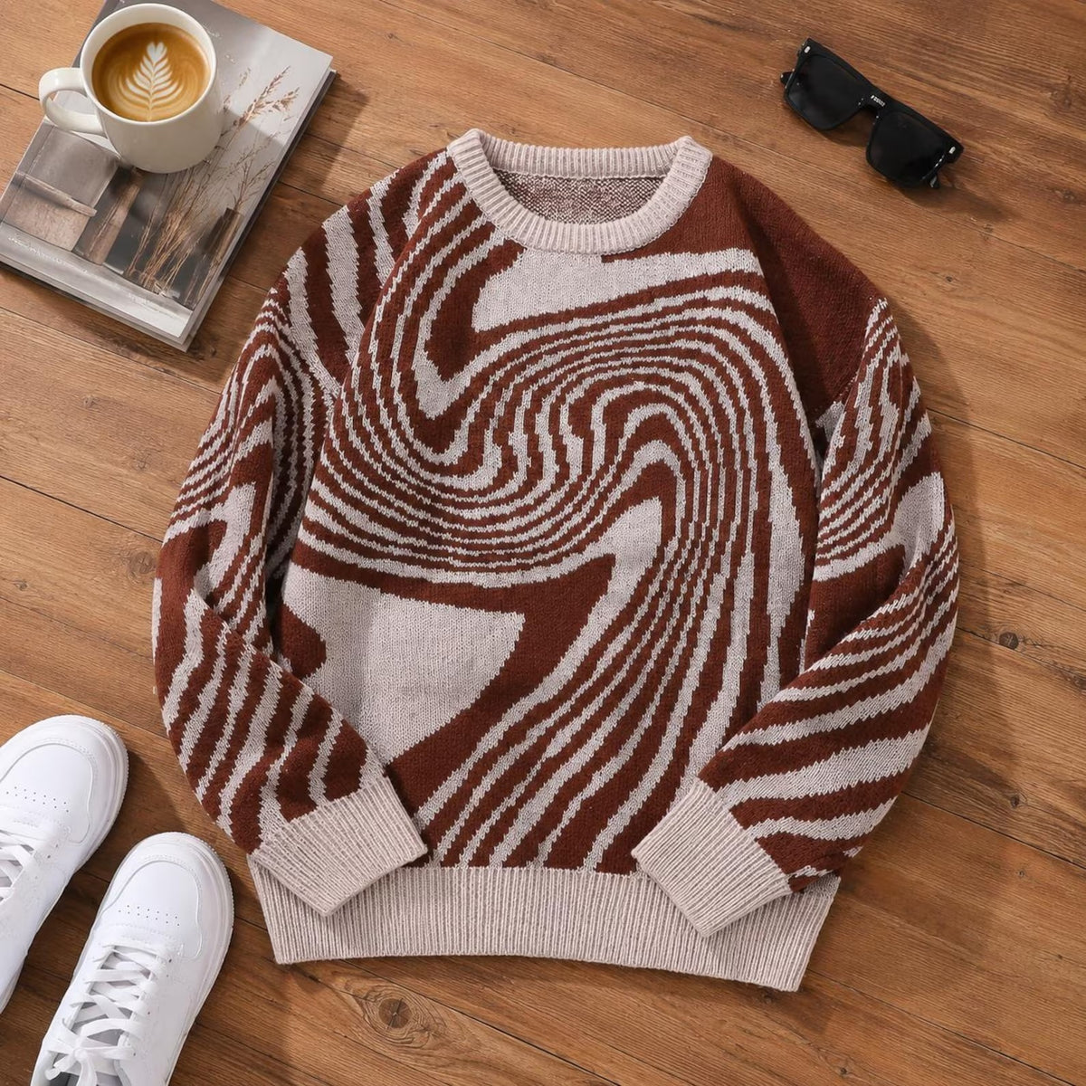 Men's Maze Jacquard Sweater Crew Neck Long Sleeve Pullover